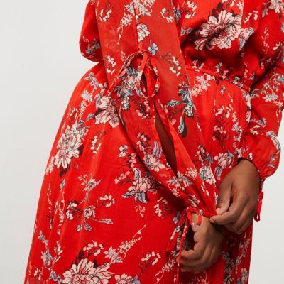 Plus red floral print bardot maxi dress